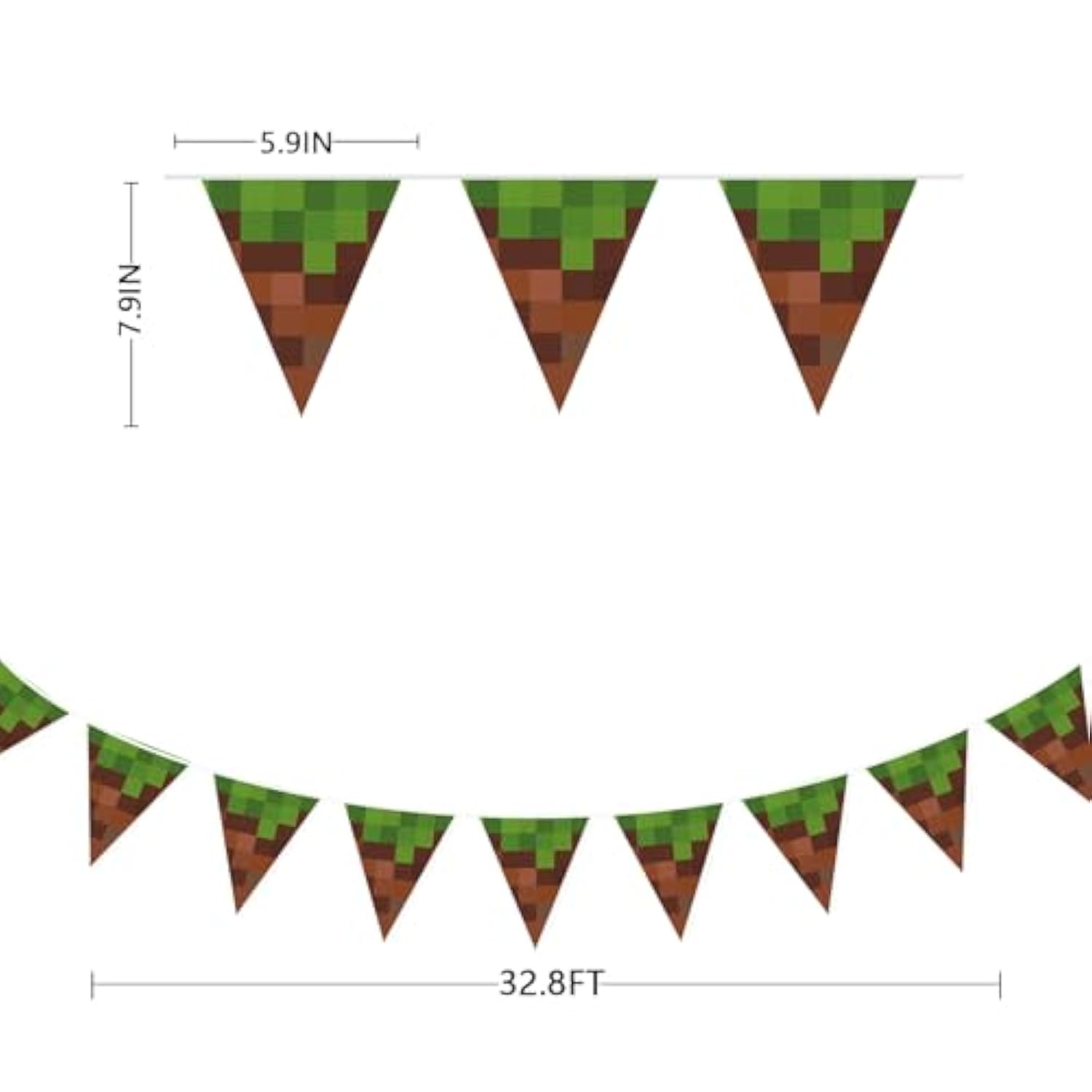 32Ft Pixel Miner Banner – Green & Brown Pennant Flag Garland for Gamer Parties