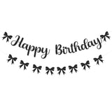 Black Bow Birthday Decorations Happy Birthday Banner Black Bow Bunting Garland Glitter Photo Props Satin Ribbon Hanging Swirls Party Decor For Boys Girls Bachelorette Themed Party Supplies