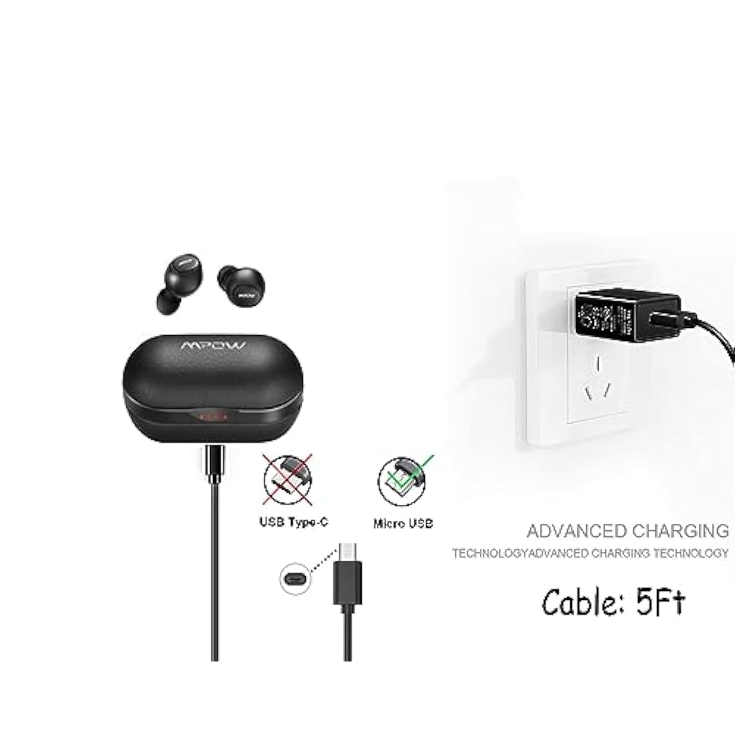 Usb Micro Mpow Headphones Charger Cable Compatible For Mpow 059, M5, H19 Ipo, H17, H7 Pro, H7, H12, Mdots, Jaws Over Ear Hi-Fi Headphones Micro Usb Charging Cord Power Cable(5Ft)