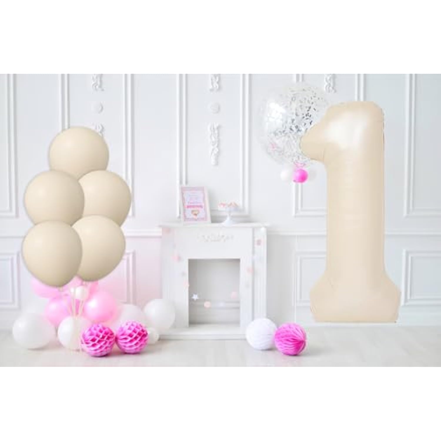 40" Beige Number 1 Balloon with Matching Latex Balloons 1st Birthday Decor