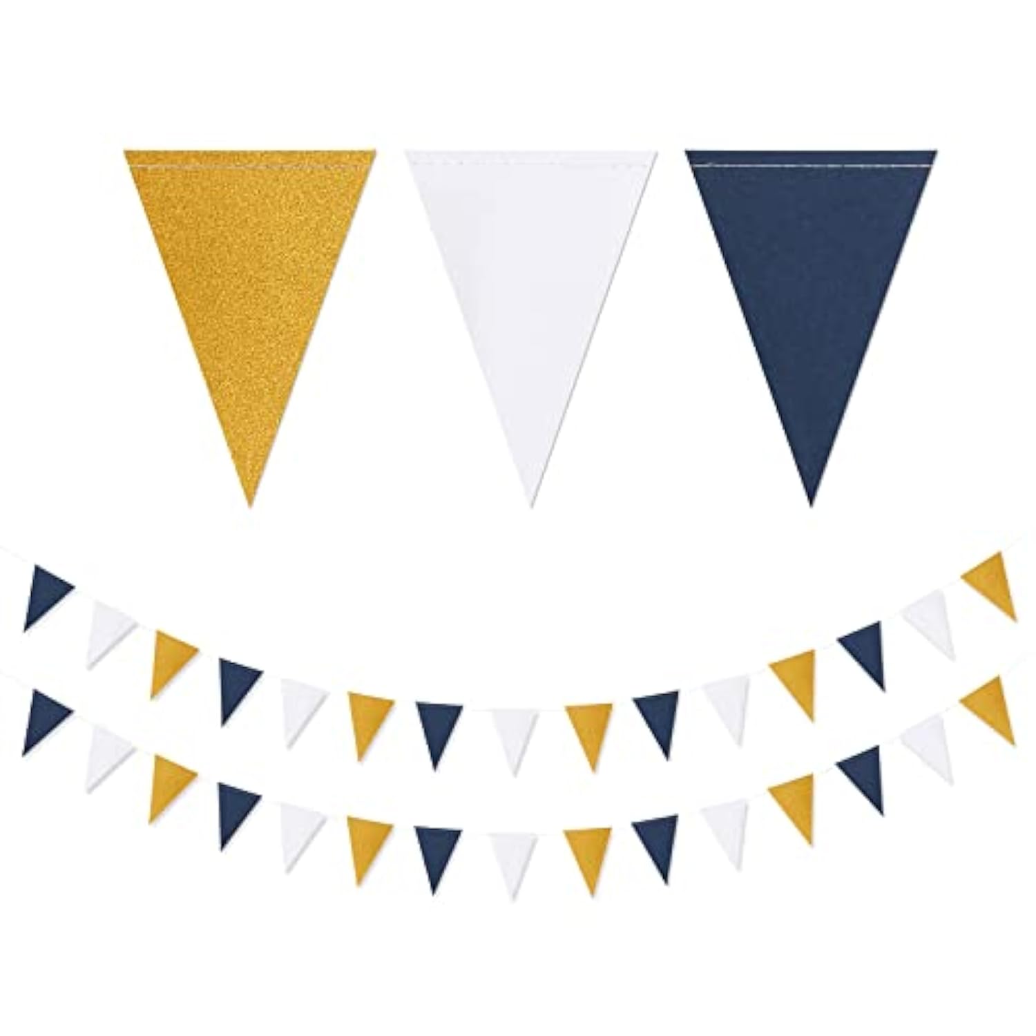 Navy-Blue White-Gold Party Decorations Banner - 2 Pack Men Birthday Graduation 2025 Glitter Sprinkles Paper Pennant Triangle Flags, Fathers Day Wedding Baby Bridal Shower Bunting