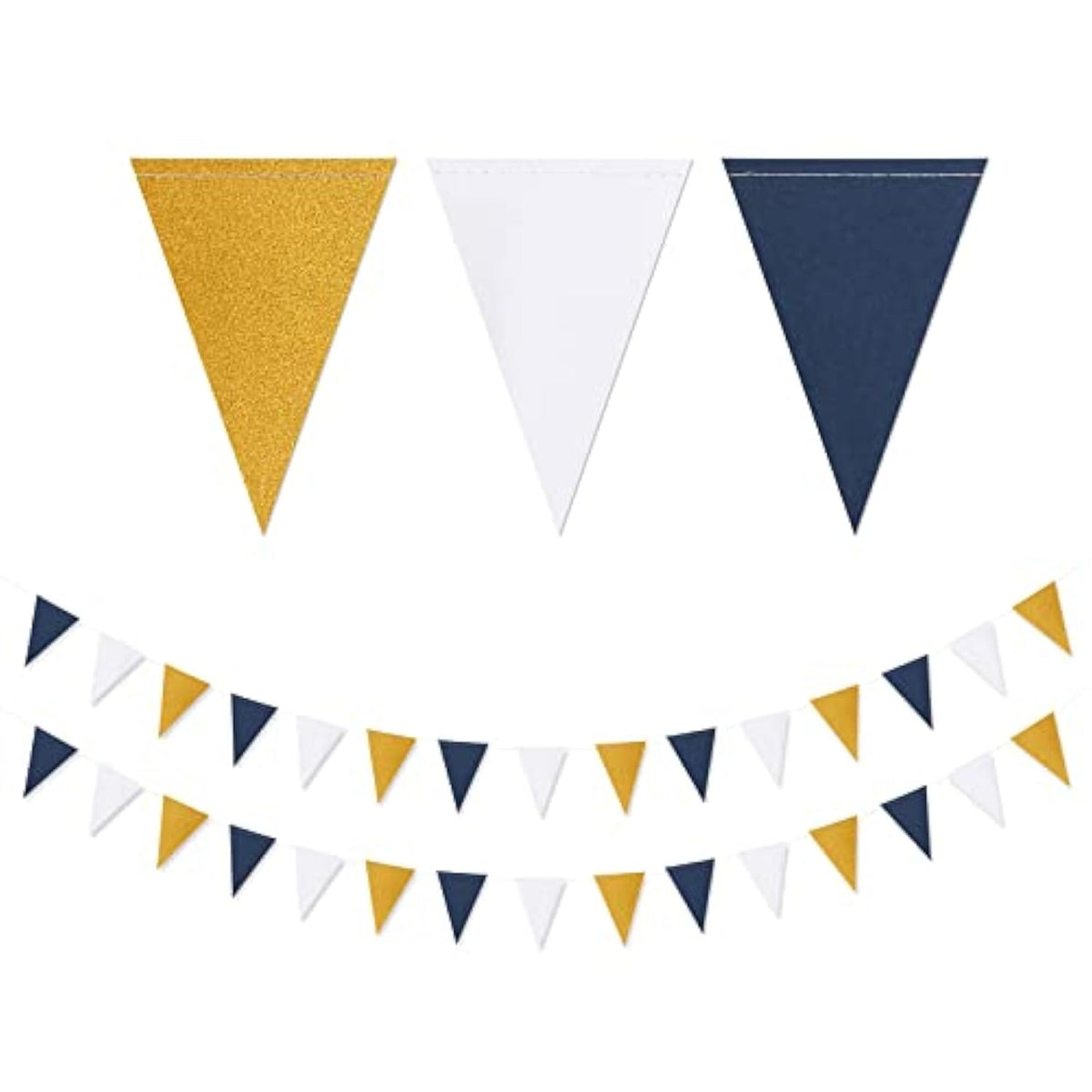 Navy-Blue White-Gold Party Decorations Banner - 2 Pack Men Birthday Graduation 2025 Glitter Sprinkles Paper Pennant Triangle Flags, Fathers Day Wedding Baby Bridal Shower Bunting
