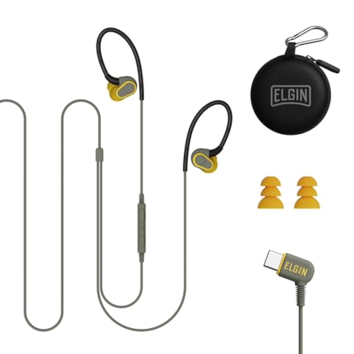 Elgin Rumble Wired Earplug Headphones, 27 dB NRR Waterproof Hearing Protection Earbuds w/Noise-Isolating Mic & in-Line Controller, OSHA Compliant, ANSI Certified, Kevlar Reinforced Cable, IP67, USB-C