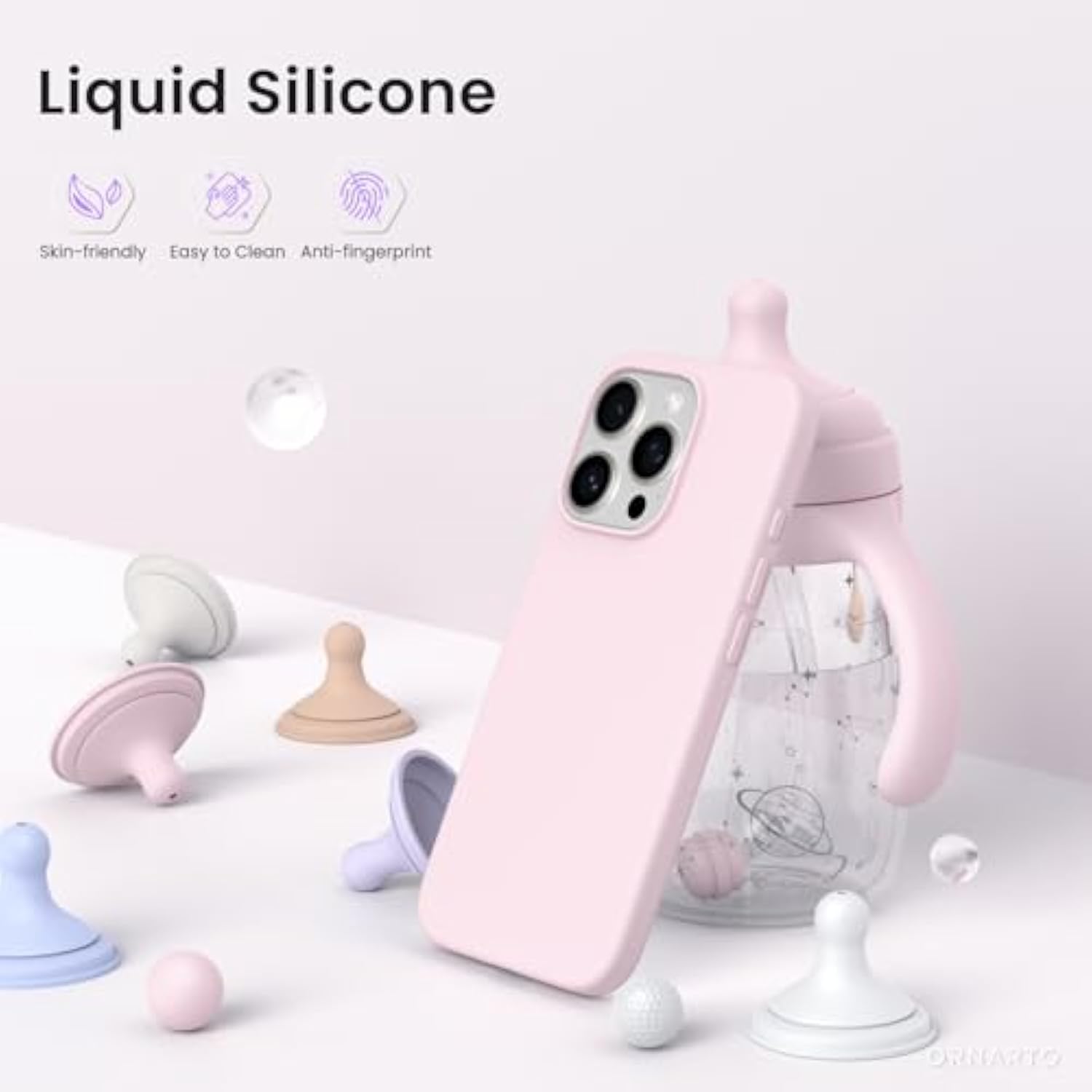 iPhone 16 Pro 6.3" Slim Liquid Silicone Case, Shockproof, Soft Gel, Chalk Pink