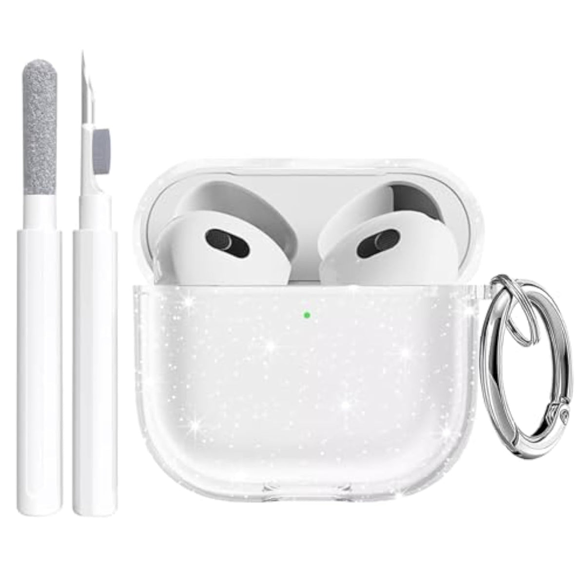 4th Generation Airpods Case Cover with Silicone Material, Cleaner Kit, and Keychain Compatible with Airpods 4 Case for Women and Men, Glitter Design