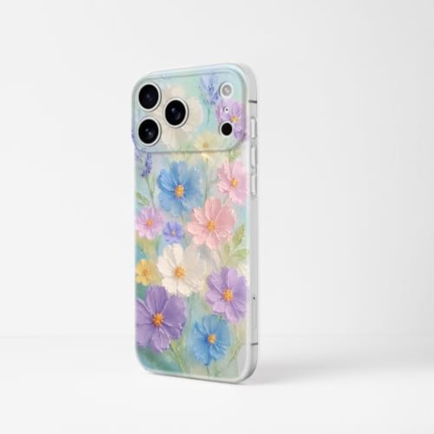 Cute Oil Painting Cosmos Flower Case for iPhone 17 Pro Max, Soft Clear TPU Slim Shockproof Cases Cover for Girls Women, Blue