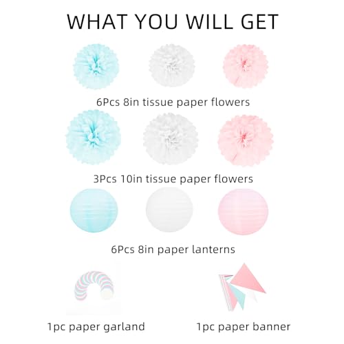White Blue Pink Party Decorations - 17pcs Tissue Paper Flowers Pom Poms Lanterns Gender Neutral Baby Gender Reveal Party Supplies Gender Reveal Theme Decor Birthday Hanging Decor Ideas