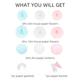 White Blue Pink Party Decorations - 17pcs Tissue Paper Flowers Pom Poms Lanterns Gender Neutral Baby Gender Reveal Party Supplies Gender Reveal Theme Decor Birthday Hanging Decor Ideas