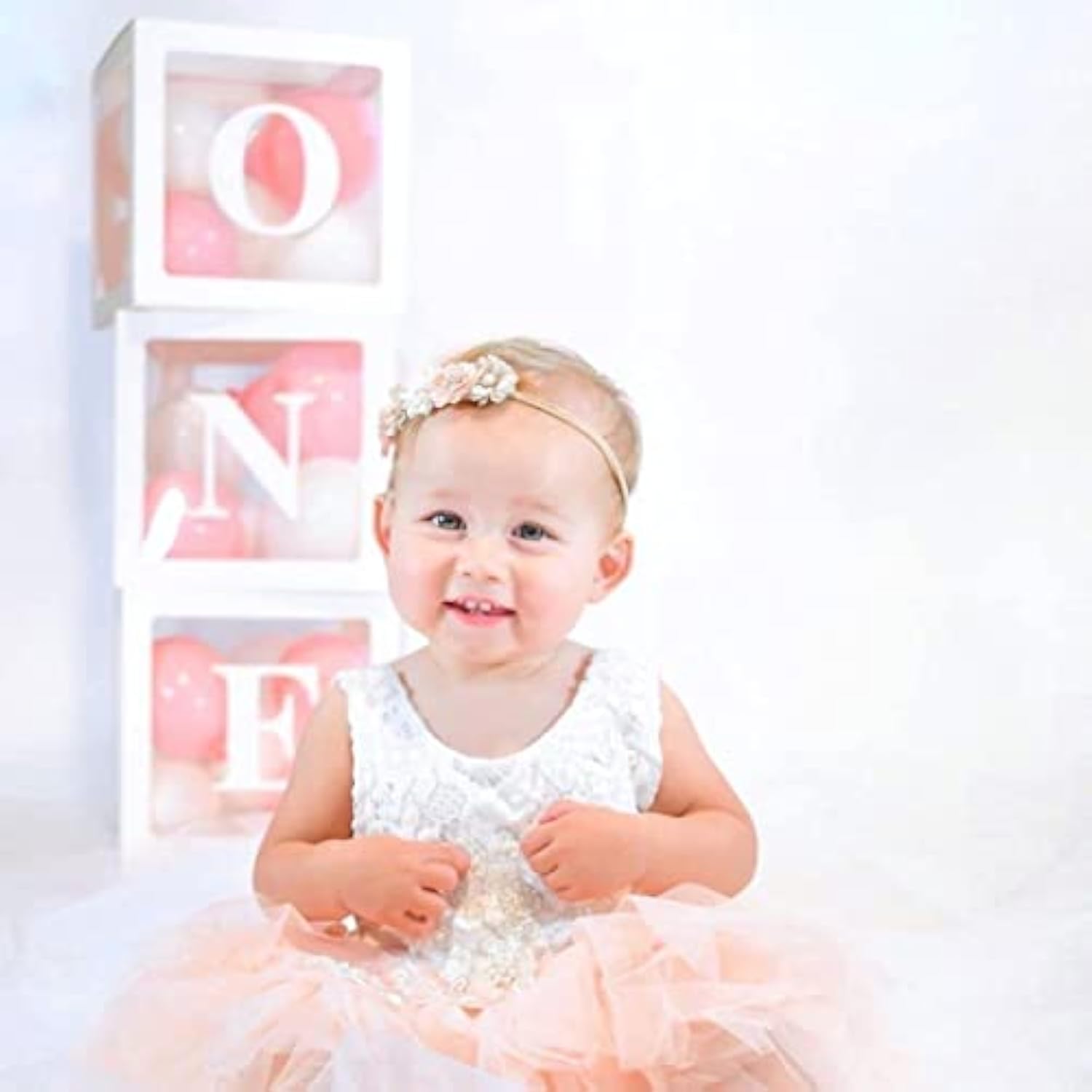 First Birthday Decorations Balloon 'One' Boxes For Baby Girl - 24 Balloons - Baby 1St Birthday Girl Decoration, Clear Cube Blocks 'One' Letters As Cake Smash Photoshoot Props Backdrop | 1 Year Old