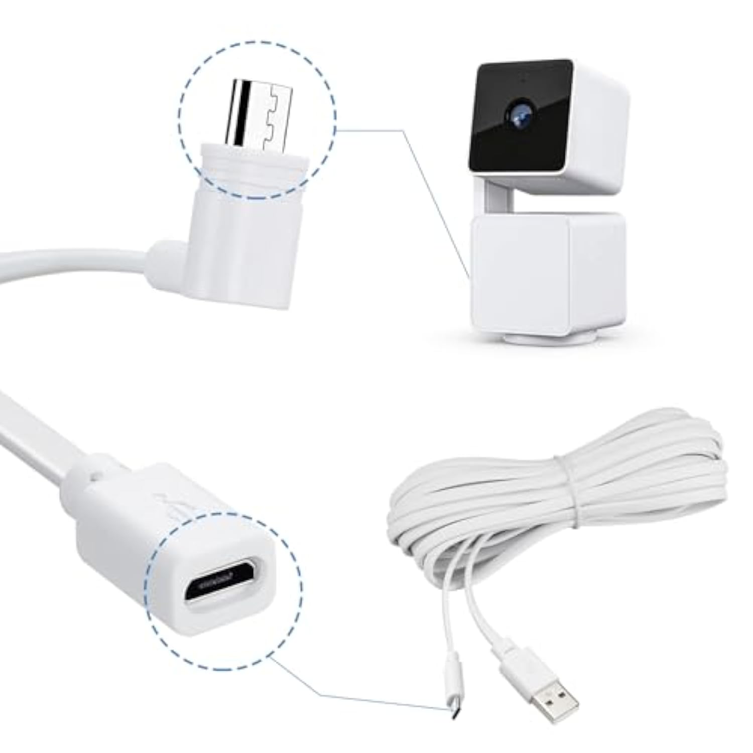 Smays 3-Pack 10 ft Micro USB Extension Cable Compatible with Wyze Cam v4, Wyze Cam Pan v3, Yi Cam, Nest Cam, Blink Mini Security Camera, Long Flat Power Cord, White