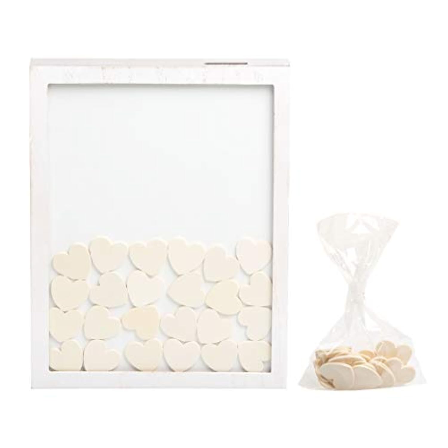 Wedding Guestbook Token Frame, Includes 50 Heart Tokens, Perfect For Wedding Reception Or Bridal Shower, Distressed White