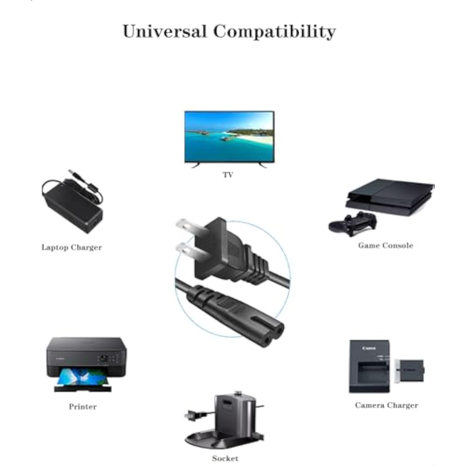 Ac Power Cable Cord 2 Prong To 2 Slot Replacement Cable 6Ft