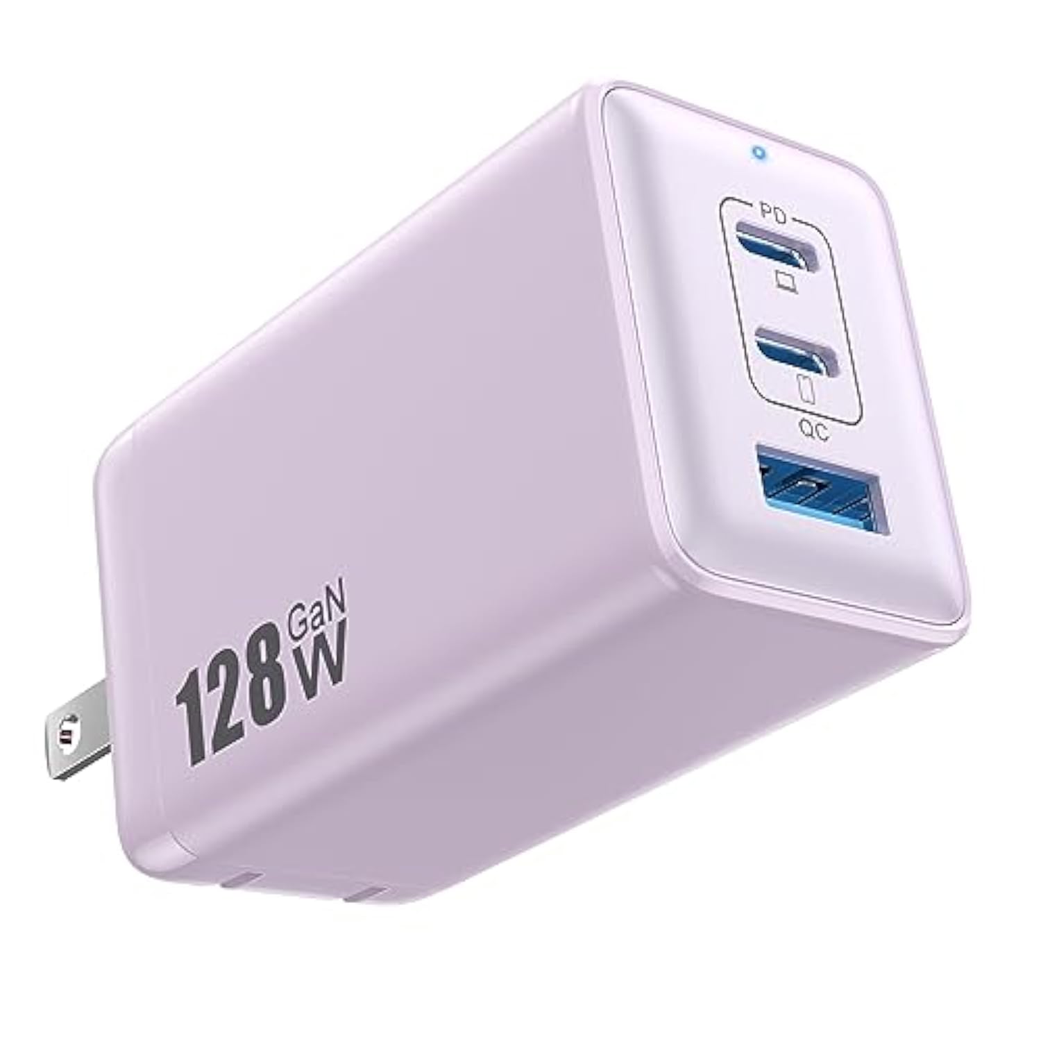 128W USB-C Wall Charger 3-Port GaN Fast Foldable Adapter for MacBook iPad iPhone Purple