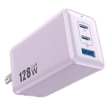 128W USB-C Wall Charger 3-Port GaN Fast Foldable Adapter for MacBook iPad iPhone Purple