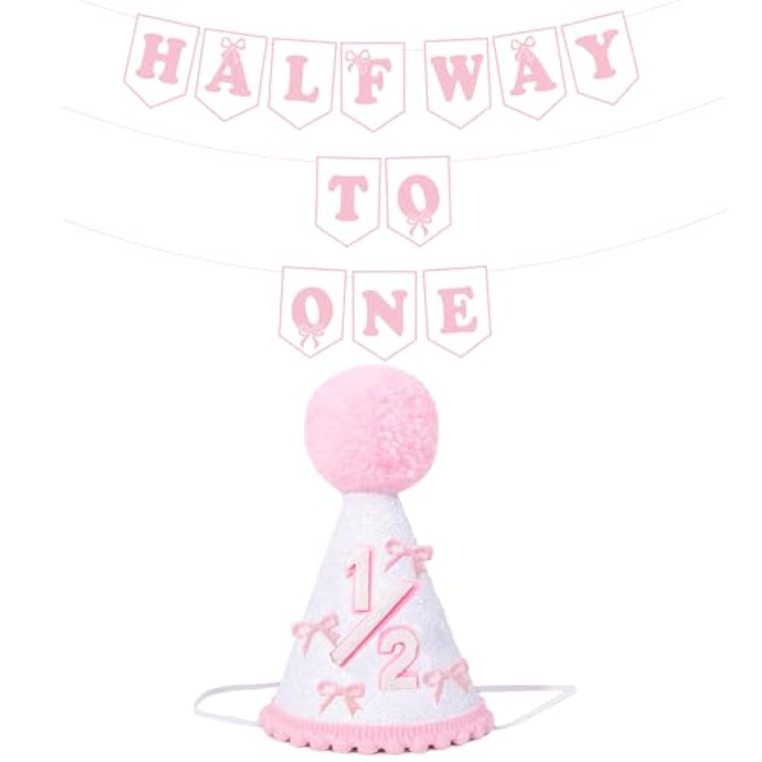 Pink Half Way To One Decorations For Baby Girl, Pink Bow 1/2 Birthday Hat And Pre-Strung Half Birthday Banner For 6 Month 1/2 Birth-Day Party Decorations, Baby Shower Party Photo Shoot