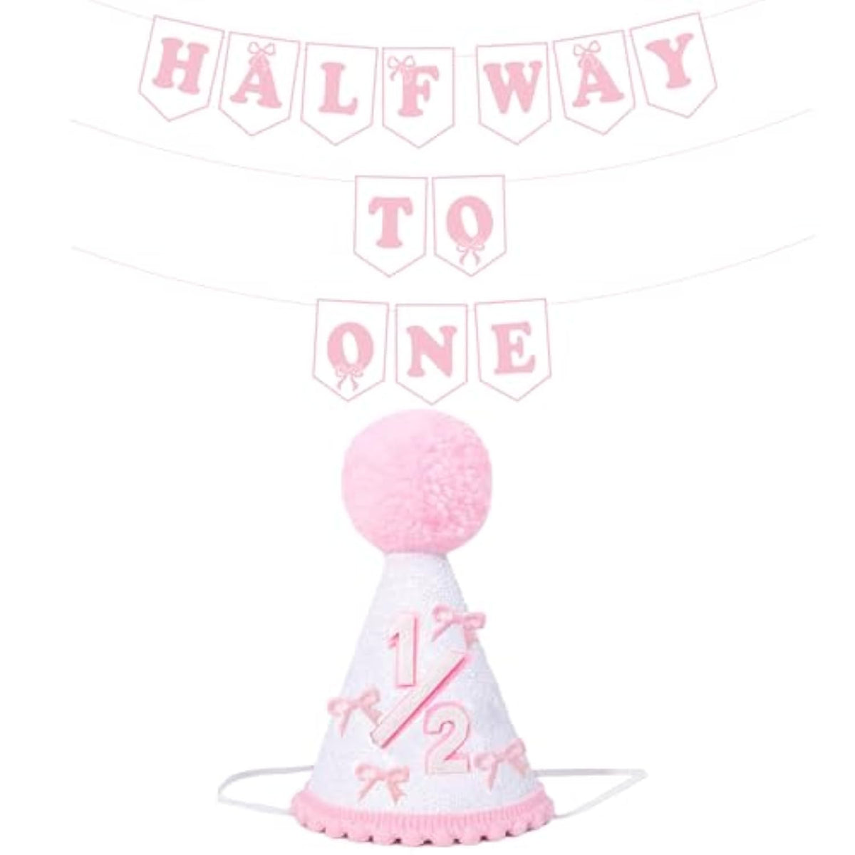 Pink Half Way To One Decorations For Baby Girl, Pink Bow 1/2 Birthday Hat And Pre-Strung Half Birthday Banner For 6 Month 1/2 Birth-Day Party Decorations, Baby Shower Party Photo Shoot