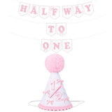 Pink Half Way To One Decorations For Baby Girl, Pink Bow 1/2 Birthday Hat And Pre-Strung Half Birthday Banner For 6 Month 1/2 Birth-Day Party Decorations, Baby Shower Party Photo Shoot
