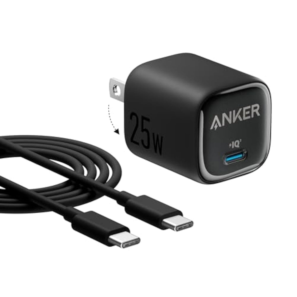 Anker 25W USB C Charger Block, Compact and Foldable, Supports PPS Fast Charging for Galaxy S24/Z Fold/Z Flip/Tab, iPhone, iPad (Black, 1pack with Cable)