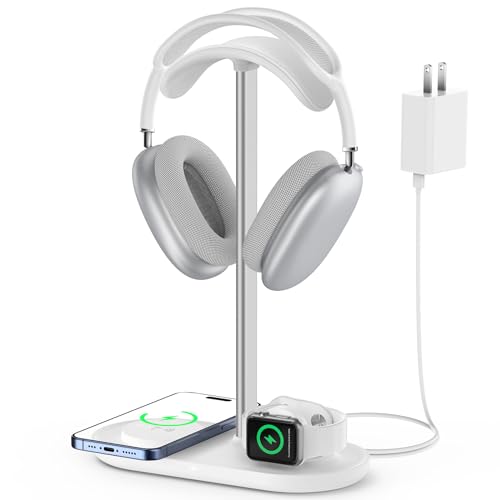 Headphone Stand, 2-in-1 Wireless Charger for iPhone/ Watch, Aluminum Alloy Rod, Minimalist Desk Organizer, White