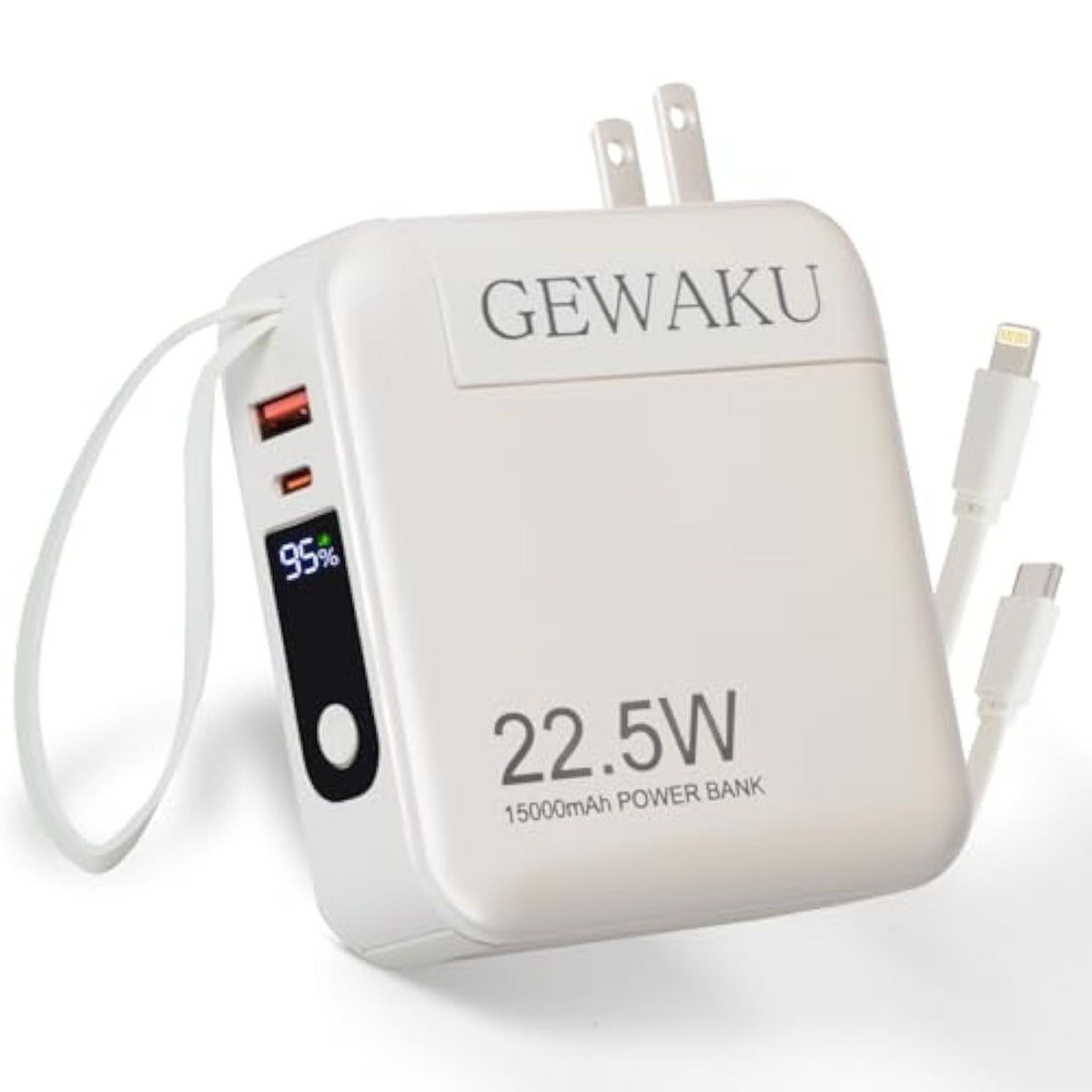 Portable Charger 15000Mah Power Bank 22.5W Fast Charging Built-In Cables And Ac Wall Plug, 3-In-1 Compact Usb-C Battery Pack Travel Essentials For Iphone 16,Ipad, Android, Samsung (White)