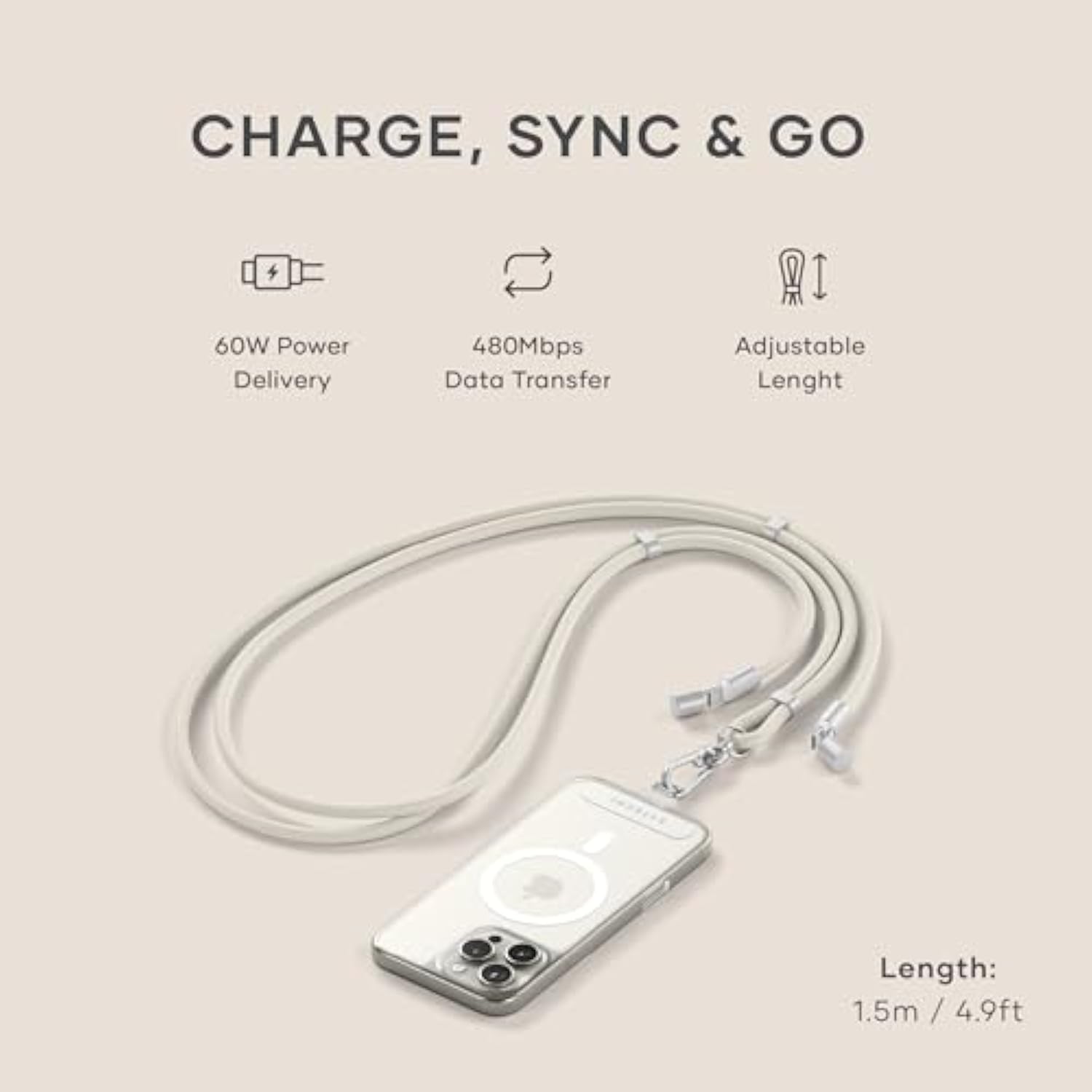 Satechi OntheGo USB-C Lanyard Cable, 60W Fast Charging, 480Mbps Data Transfer, Built-in Crossbody Strap, Adjustable 1.5m / 4.9ft Braided Cord, USB-C to USB-C Cable for iPhone, Android – Sand