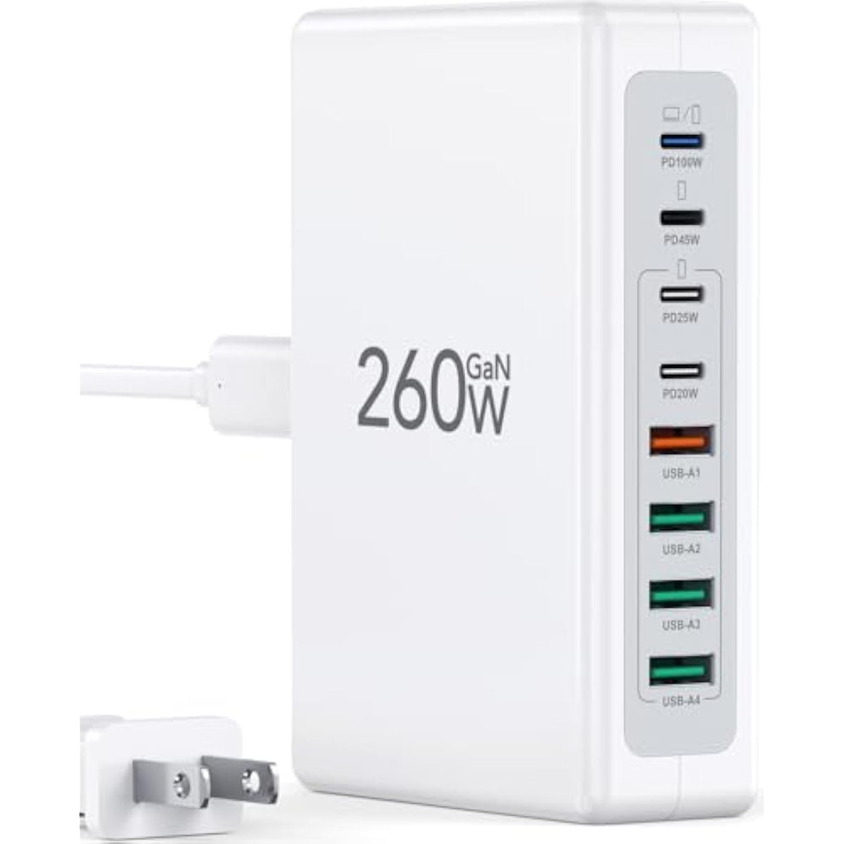 2025 Latest Charging Station, 260W Usb C Charger Block, Gan Iii 8-Port Fast Type C Charging Hub, 100W Laptop Power Adapter For Macbook Pro/Air, Dell Xps, Steam Deck, Ipad Pro, Iphone 16/15, Galaxy S25