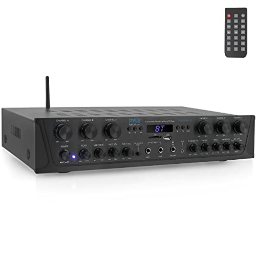 Home Audio Amplifier with Bluetooth - 6 Channel 600 Watt Peak Power, Karaoke with Echo, 2 Mic Input with Talkover, Headphone In, USB A MP3 Player