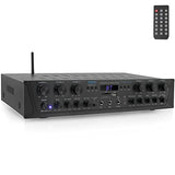 Home Audio Amplifier with Bluetooth - 6 Channel 600 Watt Peak Power, Karaoke with Echo, 2 Mic Input with Talkover, Headphone In, USB A MP3 Player