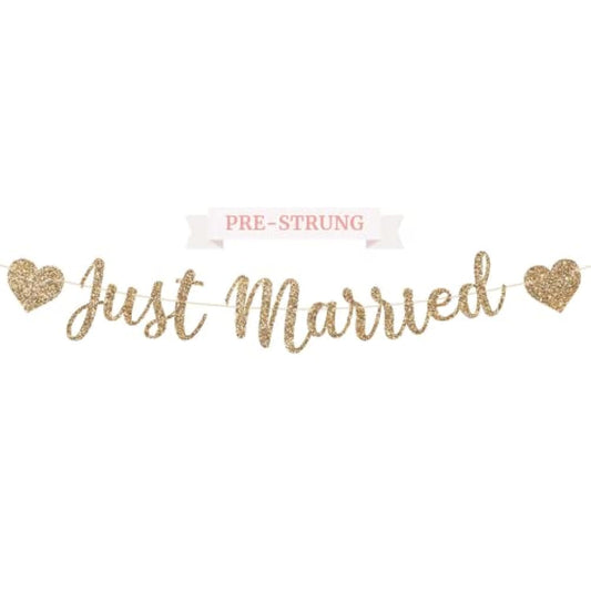 Pre-Strung Just Married Banner - No Diy - Gold Glitter Wedding Party Banner In Script - Pre-Strung Garland On 6 Ft Strand - Gold Wedding Reception Party Decorations & Decor. Did We Mention No Diy