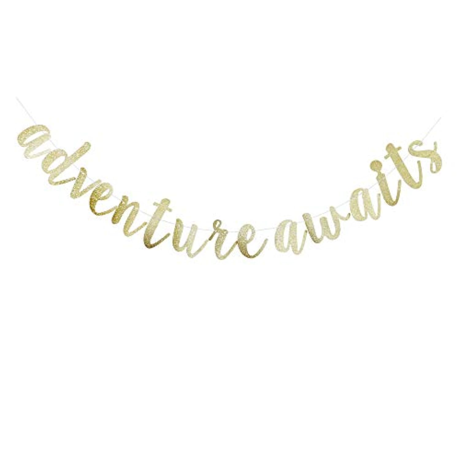 Adventure Awaits Banner, Gold Glitter Sign Garlands For Travel Theme Party, Moving/Graduation/Retirement Party Supplies Decorations