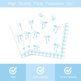 96Pcs Blue Bow Party Supplies Birthday Tableware Set Blue White Bowknot Party Plates And Napkins For Baby Boy Girl Bow Birthday Dinnerware Party Favors For 24 Guests
