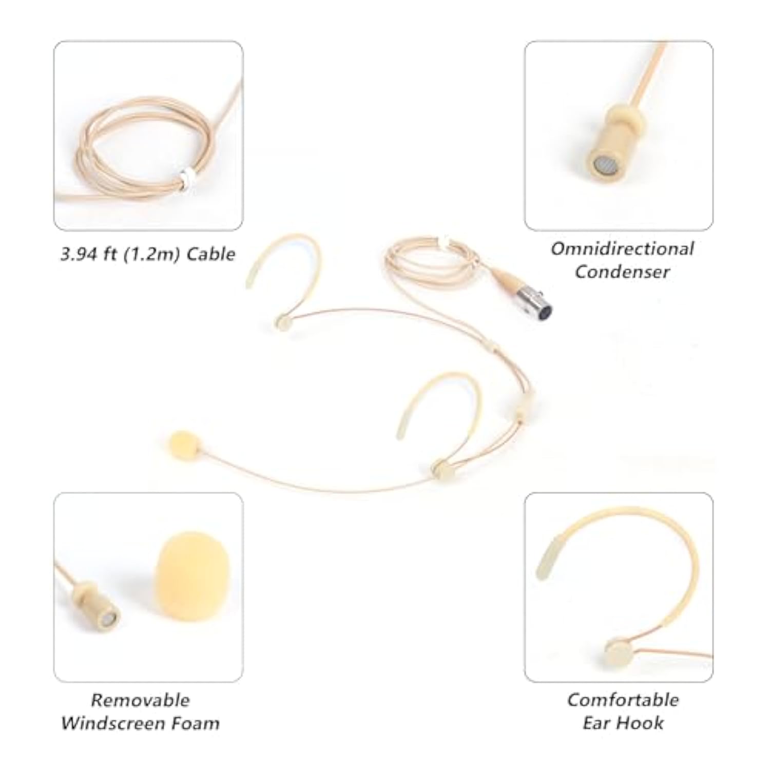 Beige Headworn Microphone,Daul Ear Hook Mic,Condenser Headset Mics For Shure Microphone Wireless Systems,Ideal For Lectures,Actors,Theater,Podcasts