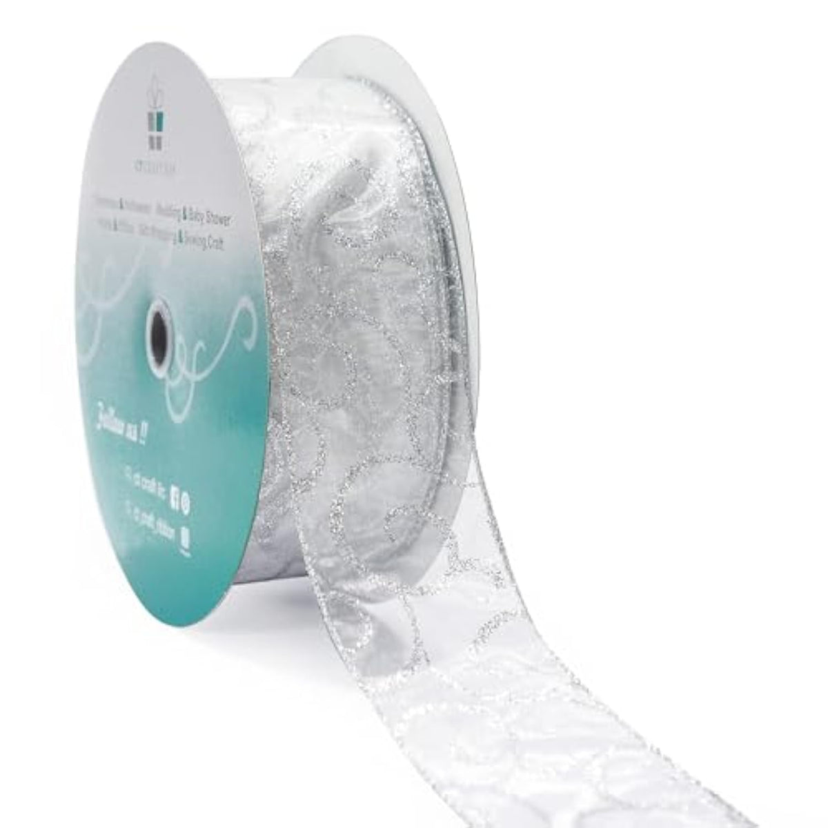 Organza With Silver Glitter Swirls Wired Ribbon 2.5 Inch X 50 Yards For Christmas Home Decor Tree Topper Bow Gift Wrapping Diy Crafts Wreath Garland Wedding