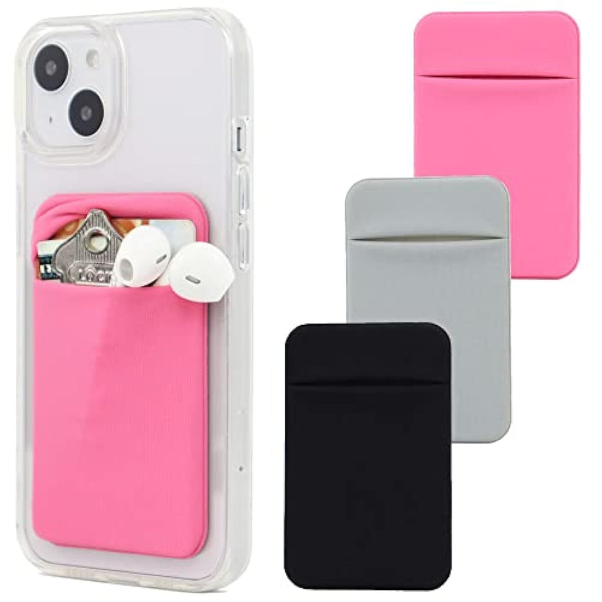 3-Pack Adhesive Phone Wallet Stick-On Card Holder for All Smartphones Black Grey Pink