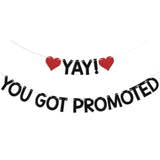 Yay! You Got Promoted Banner - Congrats On Your Promotion Decor, Congratulations, Job Promotion Party Decorations Black Glitter