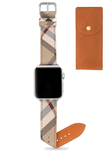 Designer Watch Band for Women Compatible with  Watch Bands 41mm 40mm 38mm, Luxury Leather Classic Beige Plaid Watch Band Compatible for iWatch