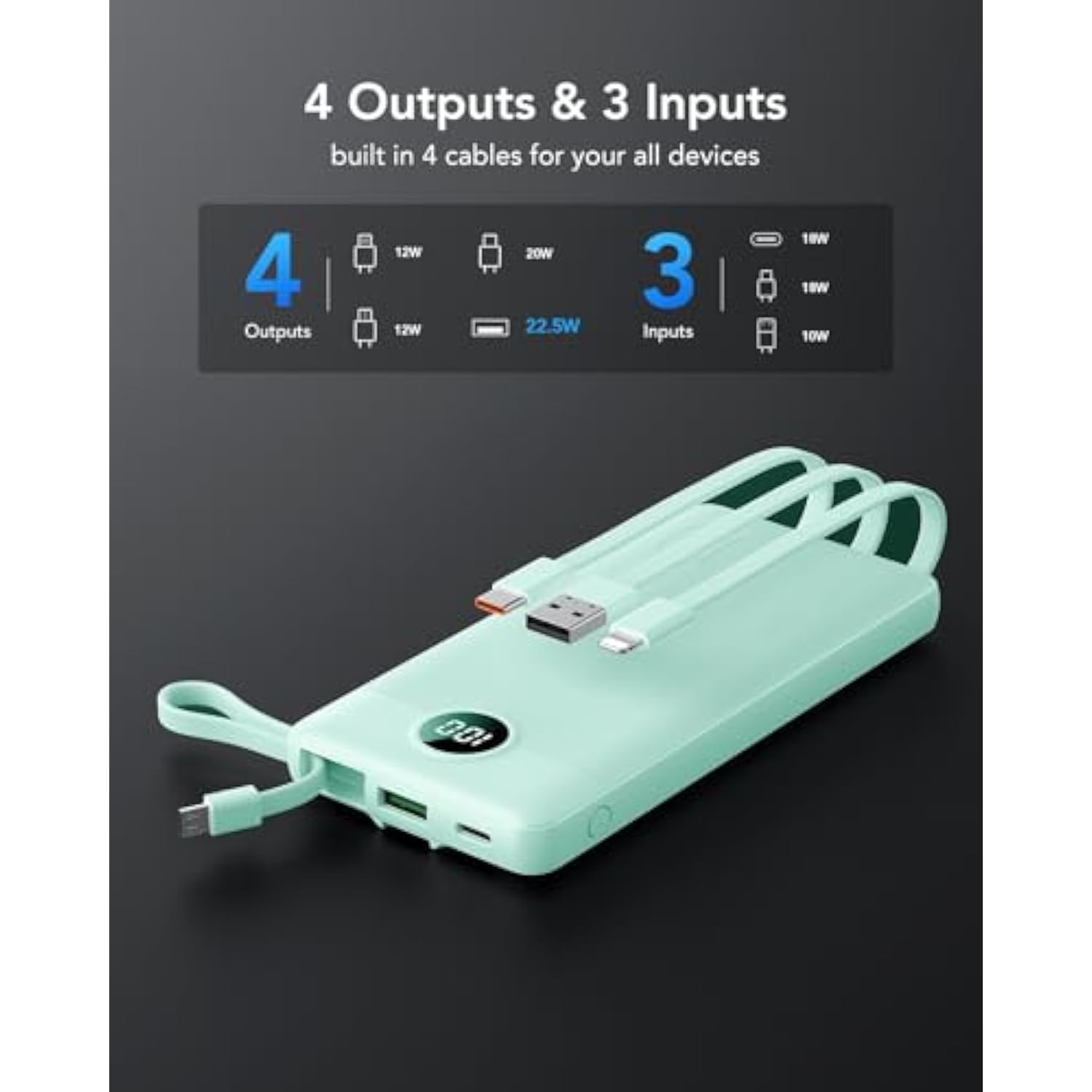 Portable Charger, 22.5W Fast Charging Power Bank Usb C, [2024 Upgrade] 4 Output 3 Input Travel Charging Bank 10000Mah, Built-In Cable Led Display For Iphone 15 14 13, Samsung, Android-Green