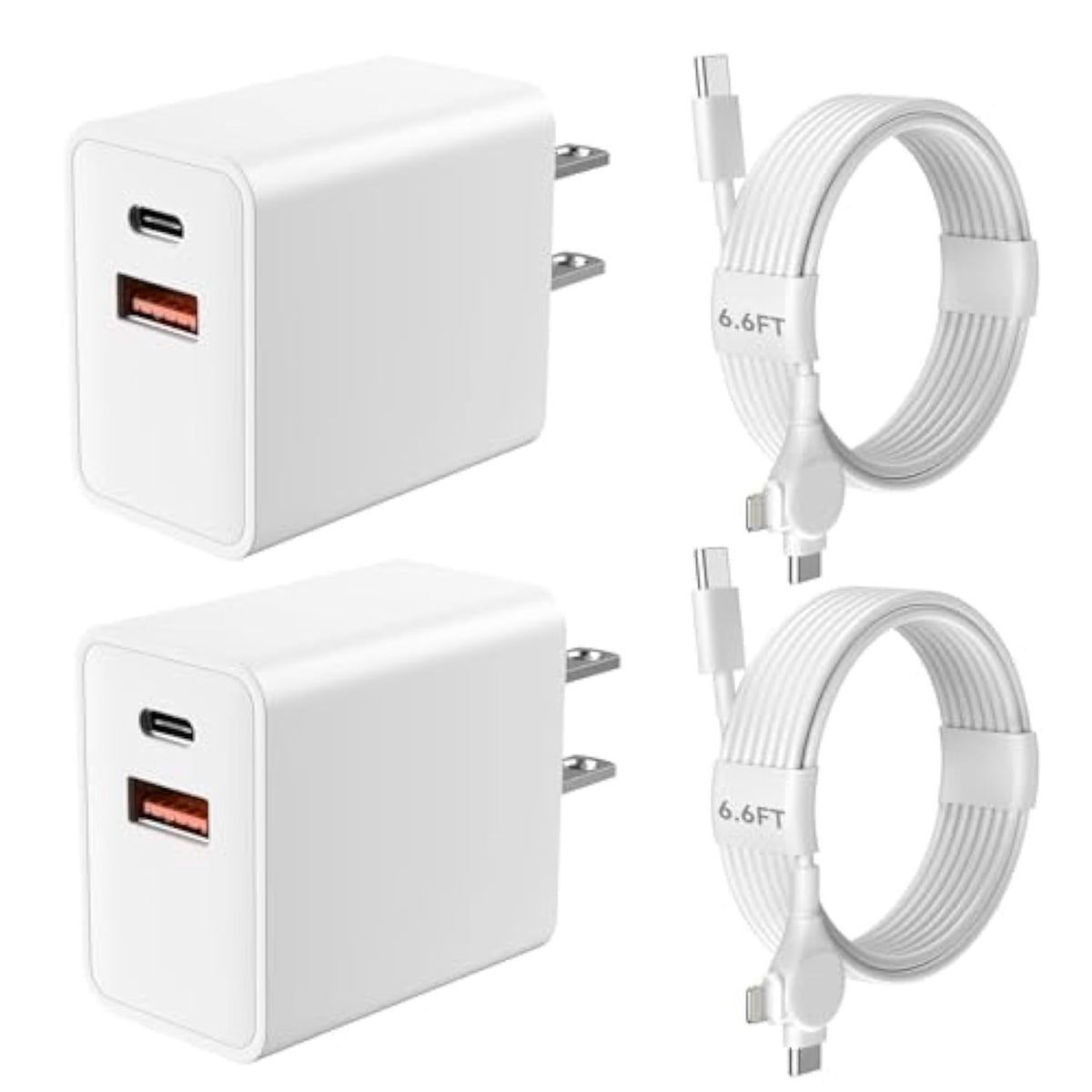 Iphone 15 14 Pro Max Charger Fast Charging, 20W Dual Port Usb-C Fast Wall Charger Block With 6.6Ft 2-In-1 Long Usb-C To Usb-C&L-Ightning Cable Cord For Iphone 15/14/Plus/Pro/Pro Max /13/12/Ipad -2Pack