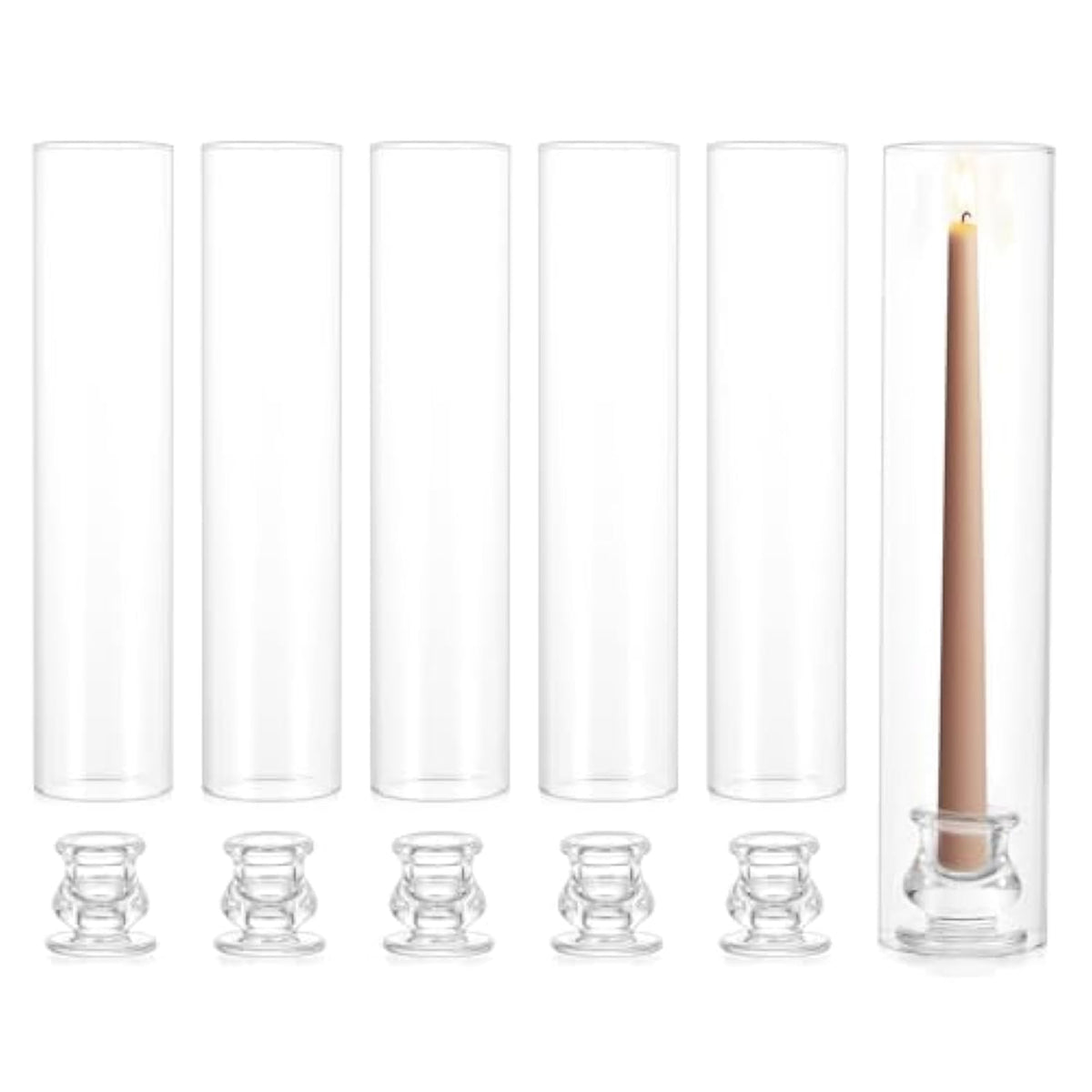 Candle Stick Candle Holder: Set Of 6 Glass Hurricane Taper Candleholder - Bulk Candlestick Stand With Tall Cylinder Chimney For Thanksgiving Christmas Holiday Table Decoration