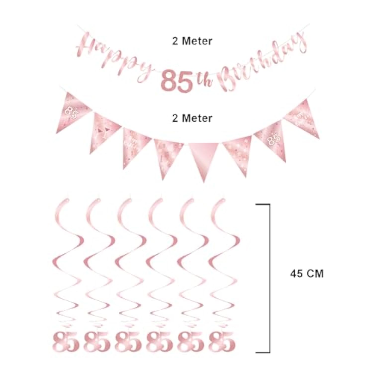 85Th Birthday Decoration Kit, Happy 85Th Birthday Banner Bunting Swirls Streamers, Triangle Flag Banner For Birthday Party Decorations Supplies Rose Gold 85Th