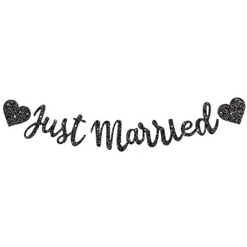 Black Just Married Banner - NO DIY, Glitter Wedding Party Banner,Just Married Signs, Bachelorette/Bridal Garland,Engagement Party Decor Supplies, Wedding Reception Party Decorations.