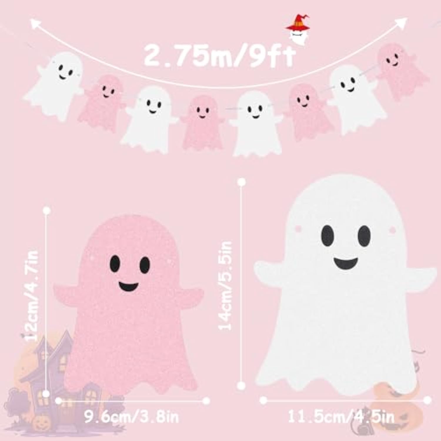 2PCS Halloween Ghost Banner Glitter White Pink Garland Party Birthday Decor