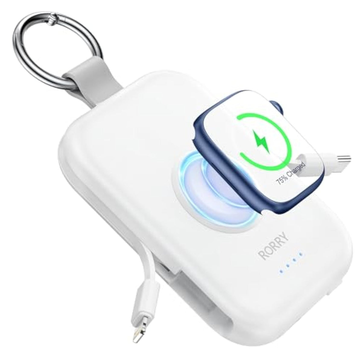 Portable Charger, 5000Mah Portable Charger Power Bank With Built-In Cables, Travel Keychain Battery Pack For Apple Watch Ultra 2/9/8/Ultra/7/6/Se/5, Iphone 16/15/14/13/12, White