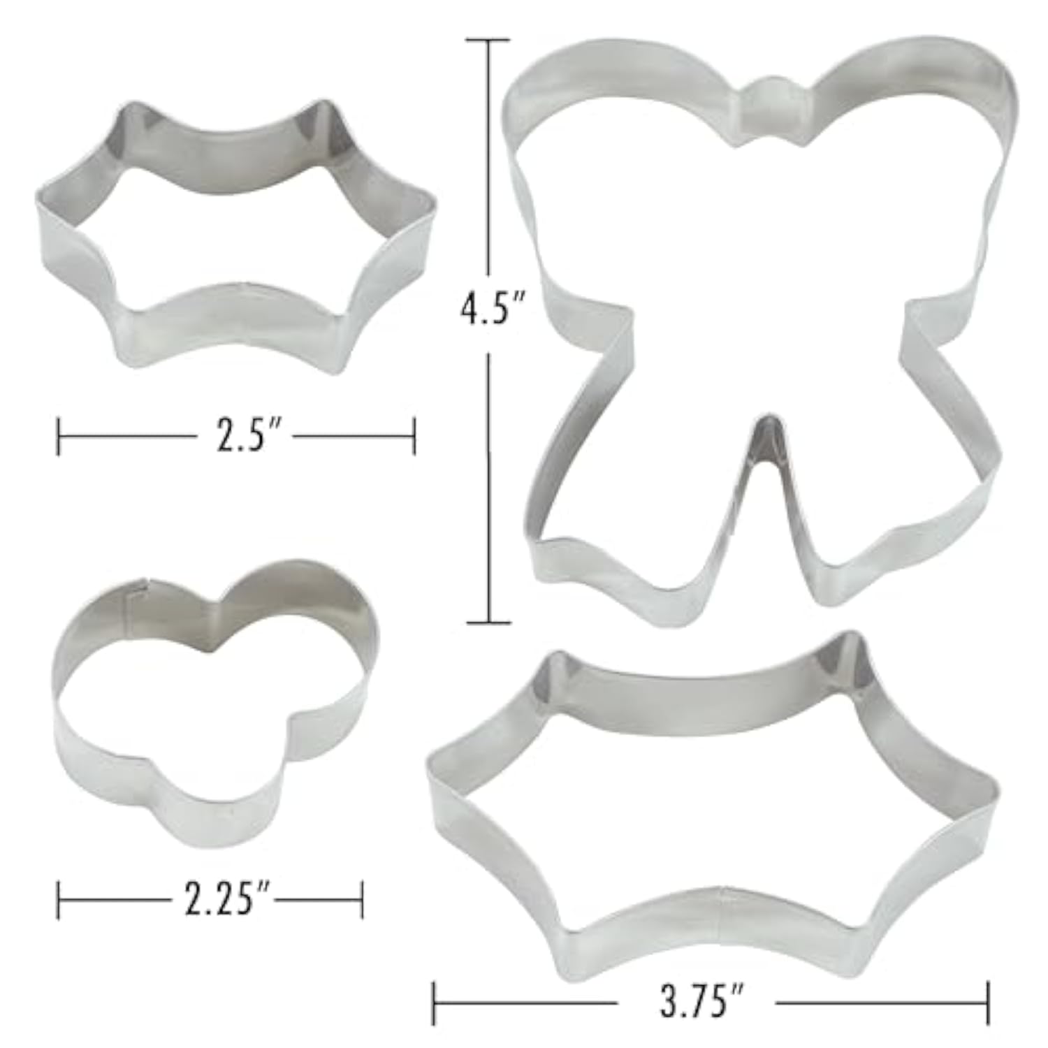 International 2030 Christmas Holiday Wreath Centerpiece Cookie Cutters, Holly Leaves, Berries, Holiday Bow, 4-Piece Set