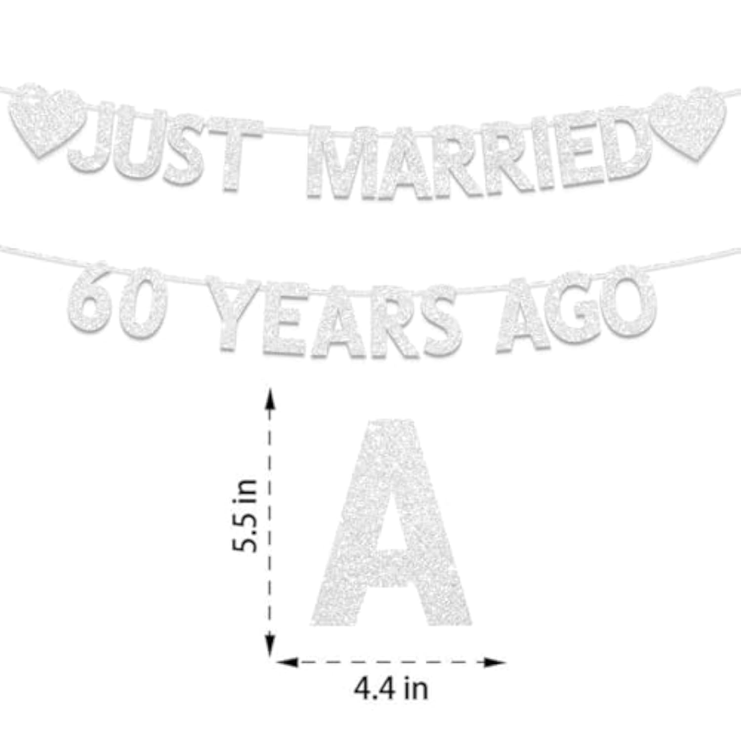 60th Wedding Anniversary Banner, Silver Glitter Just Married 60 Years Ago Decor