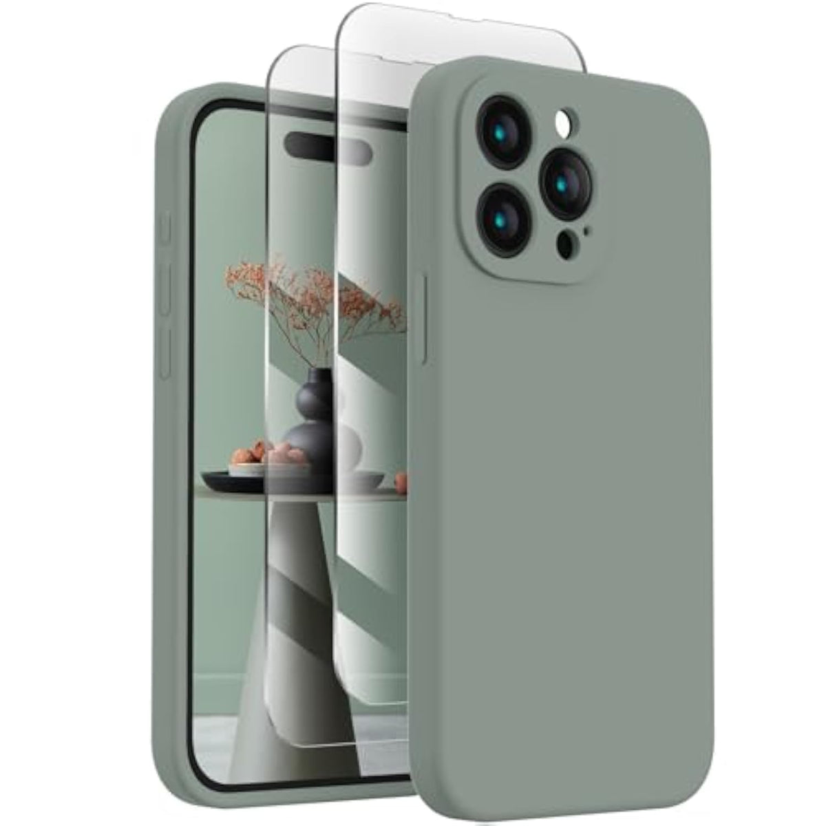 Designed For 15 Pro Case, Silicone Upgraded [Camera Protection] Phone Case With [2 Screen Protectors], Soft Anti-Scratch Microfiber Lining Inside, 6.1 Inch, Calke Green