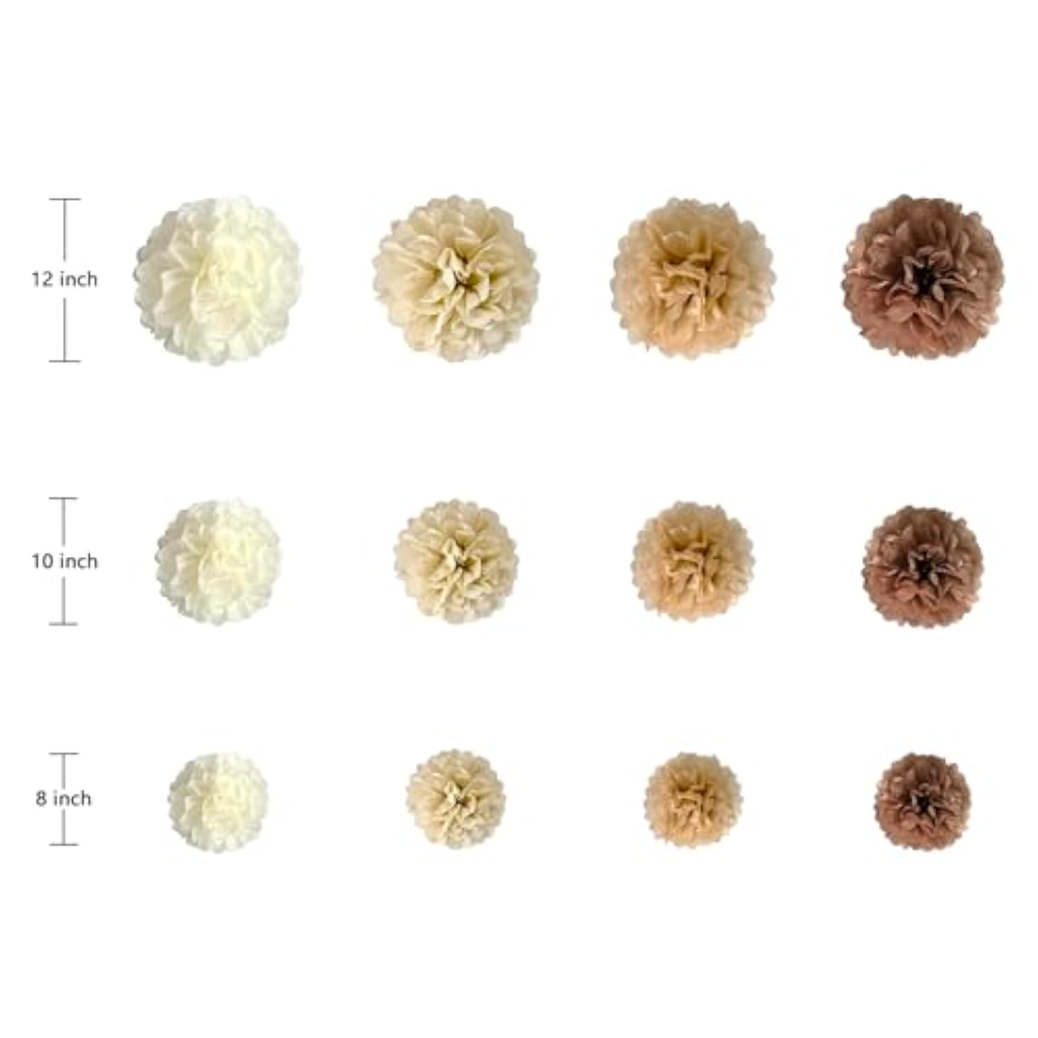 Brown Paper Pom Poms, Caramel Party Decorations Boho Ivory Beige White Tissue Paper Pom Poms For Rustic Neutral Birthday Western Graduation Birthday Wedding Baby Shower 12Pcs, Variety Pack
