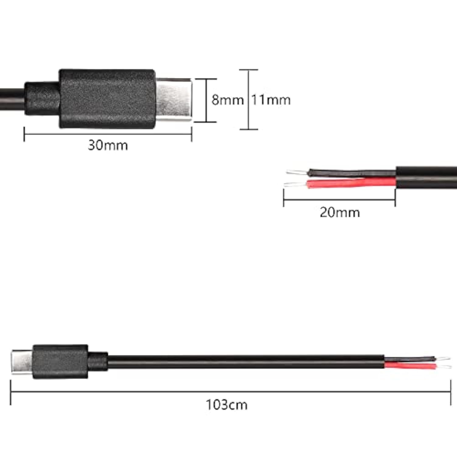 Usb Type-C Pigtail Cable Extension Power Cable 22Awg 5V 3A Usb-C Plug To 2 Pin Bare Wire Open End Connector For Diy - 1M/3.2Ft 5Pcs (Type C Male)