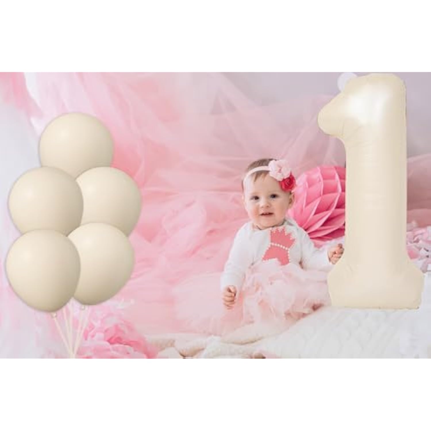 40" Beige Number 1 Balloon with Matching Latex Balloons 1st Birthday Decor