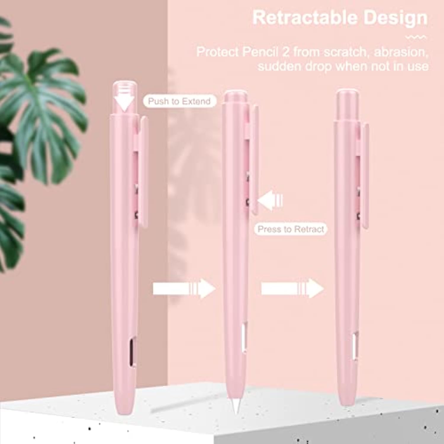 MoKo Protective Case Compatible with Apple Pencil Pro, Apple Pencil 2nd Generation, Retractable Protective Case for Apple Pencil with Clip, Apple Pencil PC Cover, Double-Tap Stand, Light Pink
